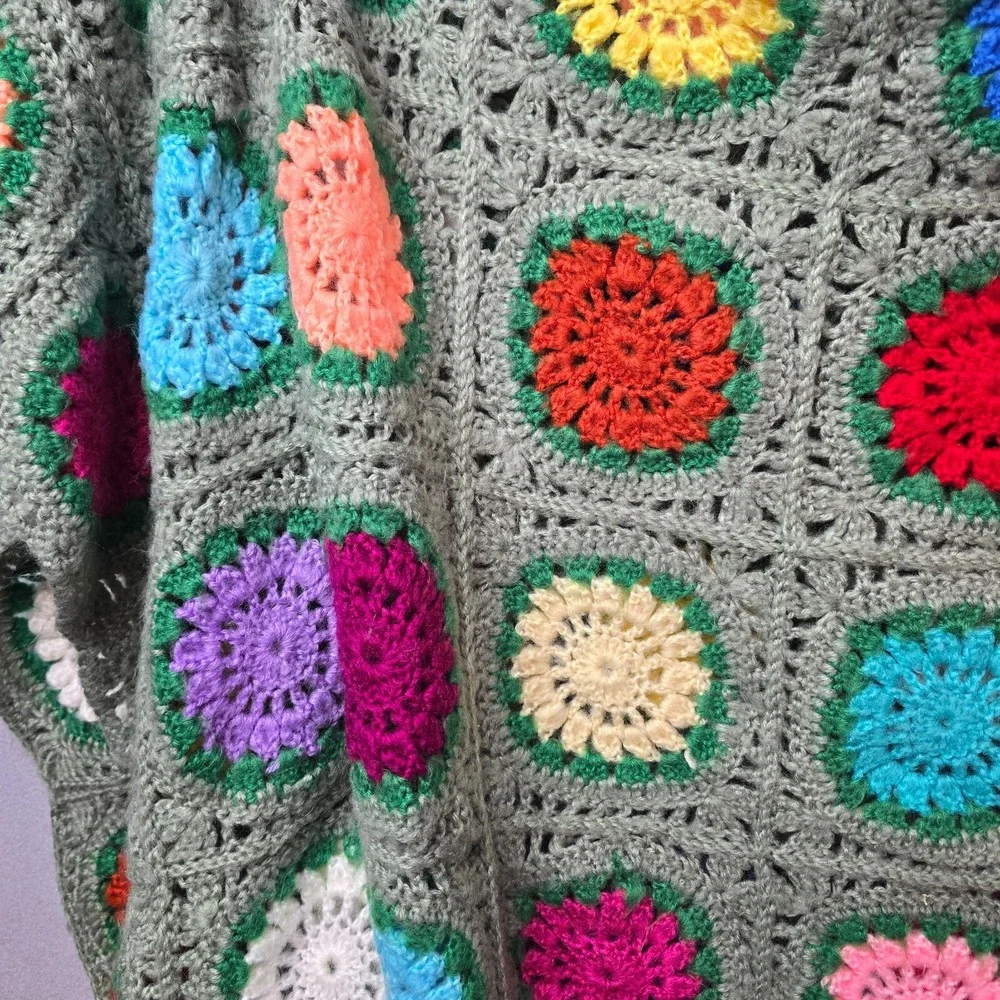 Vintage 1970s Handmade Crochet Granny Square Afghan Green Fringe Super Soft Boho